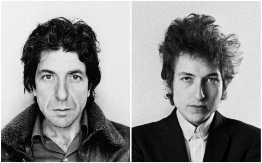 This image is about the legends of songwriting Bob Dylan and Leonard Cohen